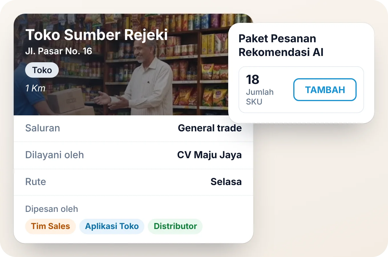 Catatan satu outlet: saluran, distributor, dan beat-nya, pesanan dari sales, aplikasi pengecer, dan distributor, serta keranjang pesanan dari AI