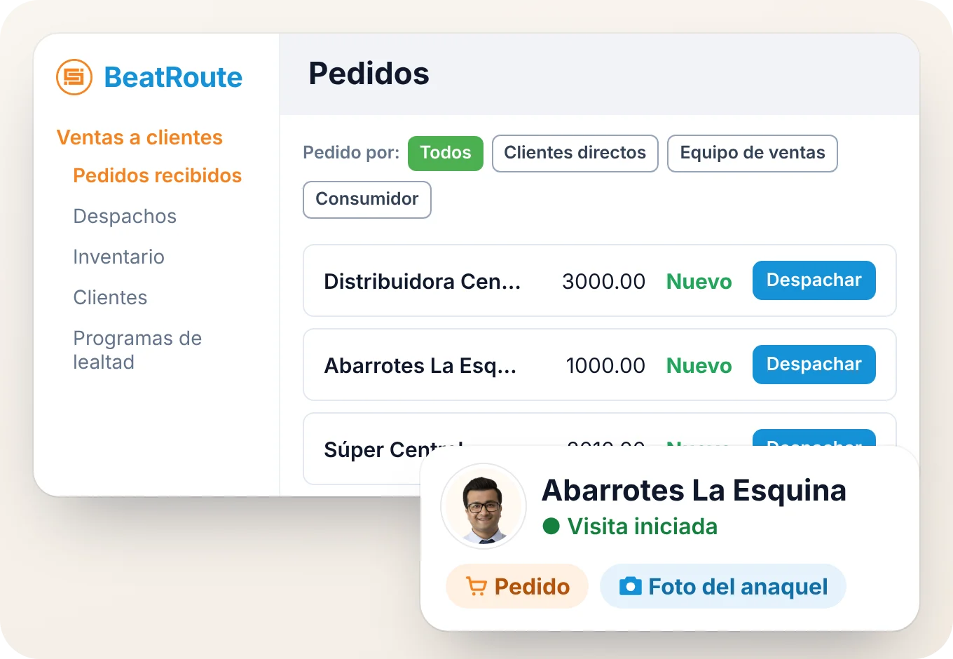 La pantalla de Pedidos de BeatRoute con pedidos de distribuidores, tiendas y supermercados en una sola lista, y la tarjeta de check-in de un vendedor