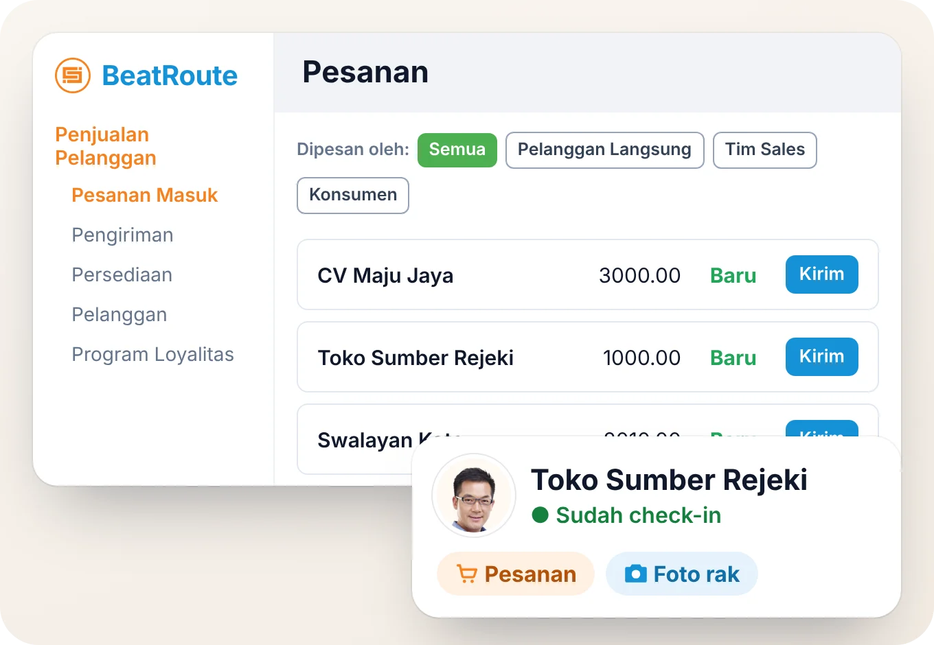 Layar Orders BeatRoute dengan pesanan distributor, toko, dan supermarket dalam satu daftar, serta kartu check-in sales
