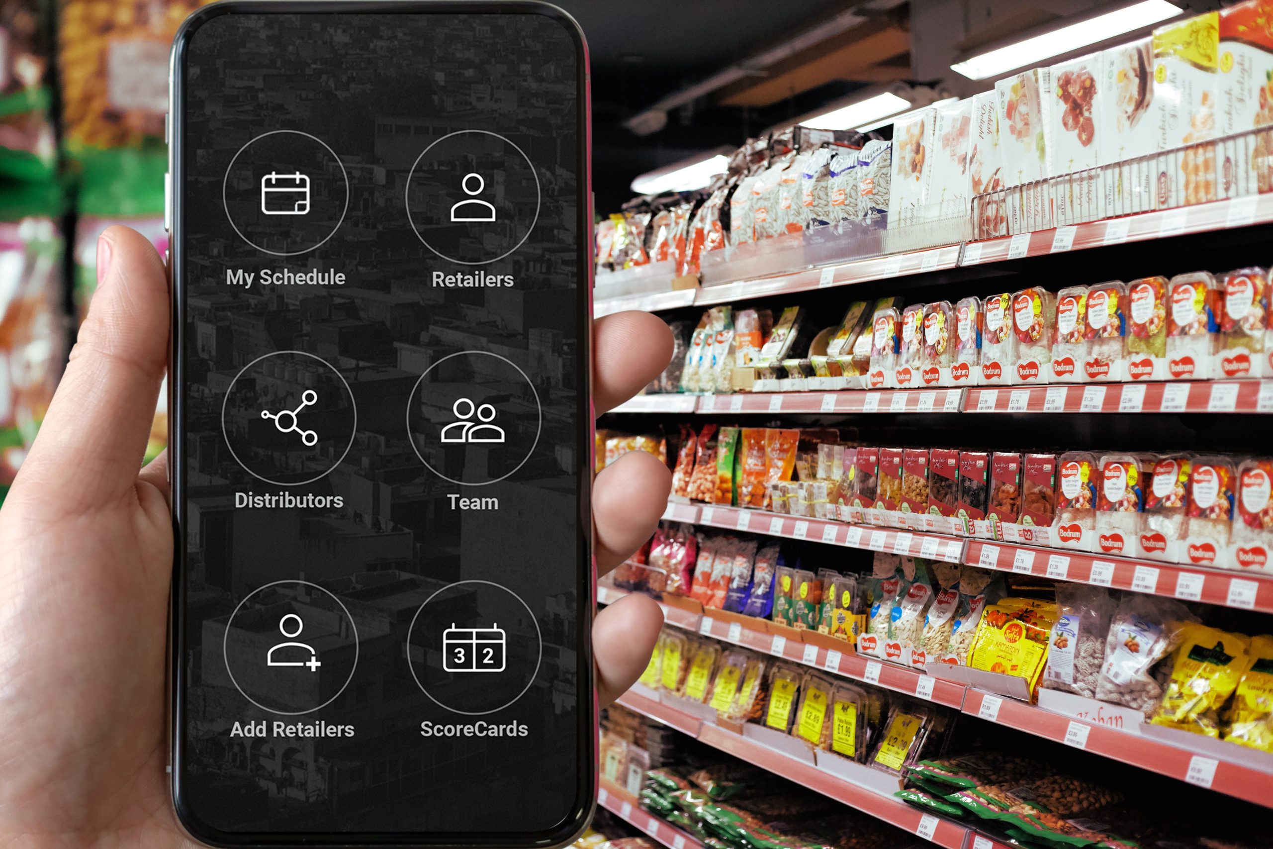 Hand holding smartphone displaying cheap field sales software app interface in a store.