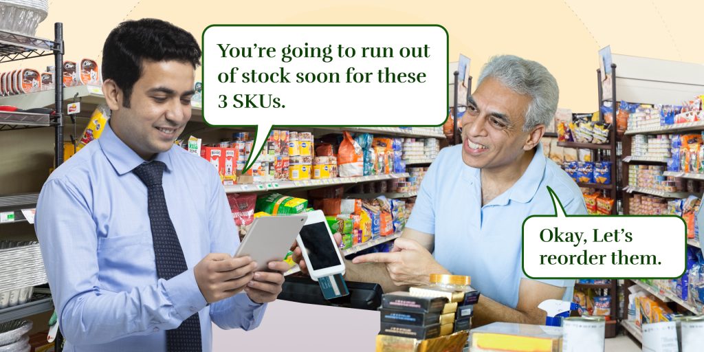 retail audit in progress where a store owner and auditor are conversing