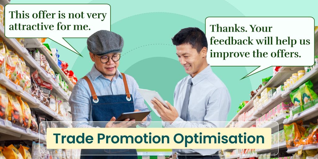 Trade promotion optimization demonstrated via conversation between retailer and sales rep in a store