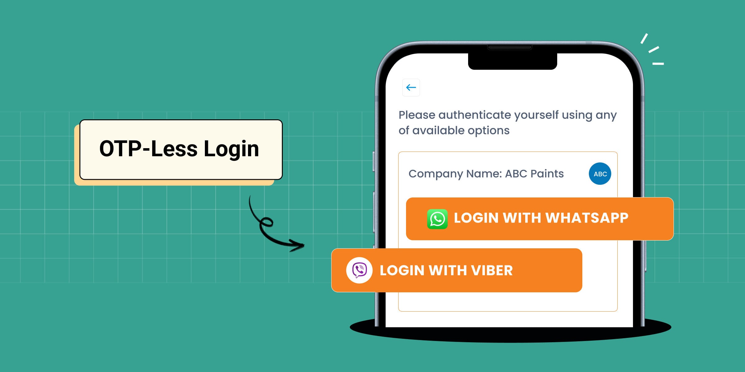 Ponsel cerdas yang menampilkan opsi masuk tanpa OTP melalui WhatsApp dan Viber.