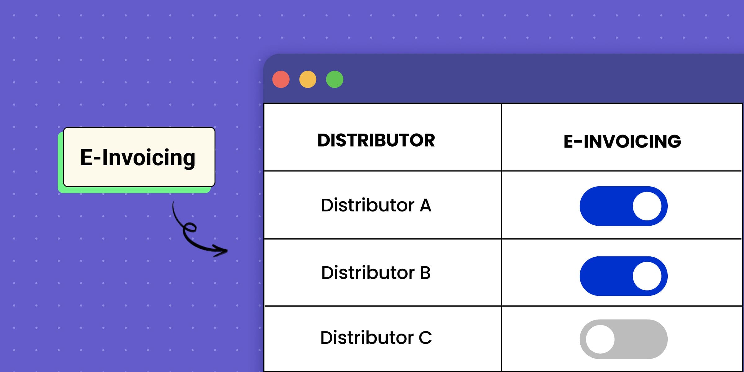 Fitur E-Faktur menampilkan bagan yang menunjukkan distributor dan status hidup/mati.