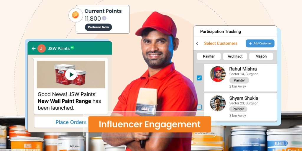 Influencer flanked by app screenshots