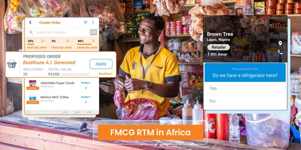A retailer in Africa in his store with FMCG RTM in Africa as text on the image