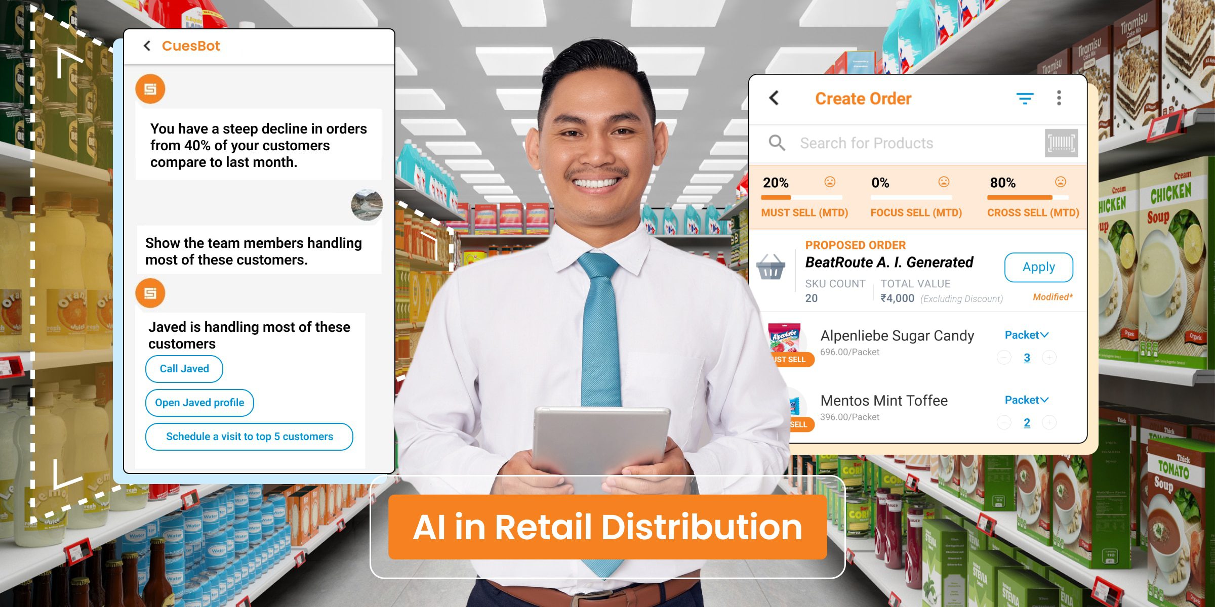 AI dalam distribusi ritel: Seorang pria di toko ritel menggunakan tablet untuk menganalisis data penjualan dan mengoptimalkan pesanan.
