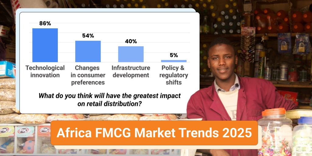 shopkeeper in Africa flanked by data bubbles about FMCG in Africa in 2025