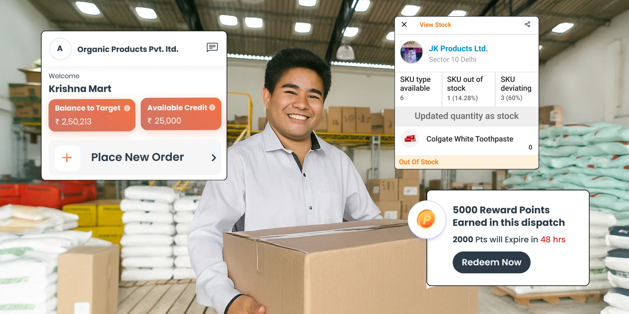 Smiling man carrying FMCG goods in warehouse | Distributor Management System
