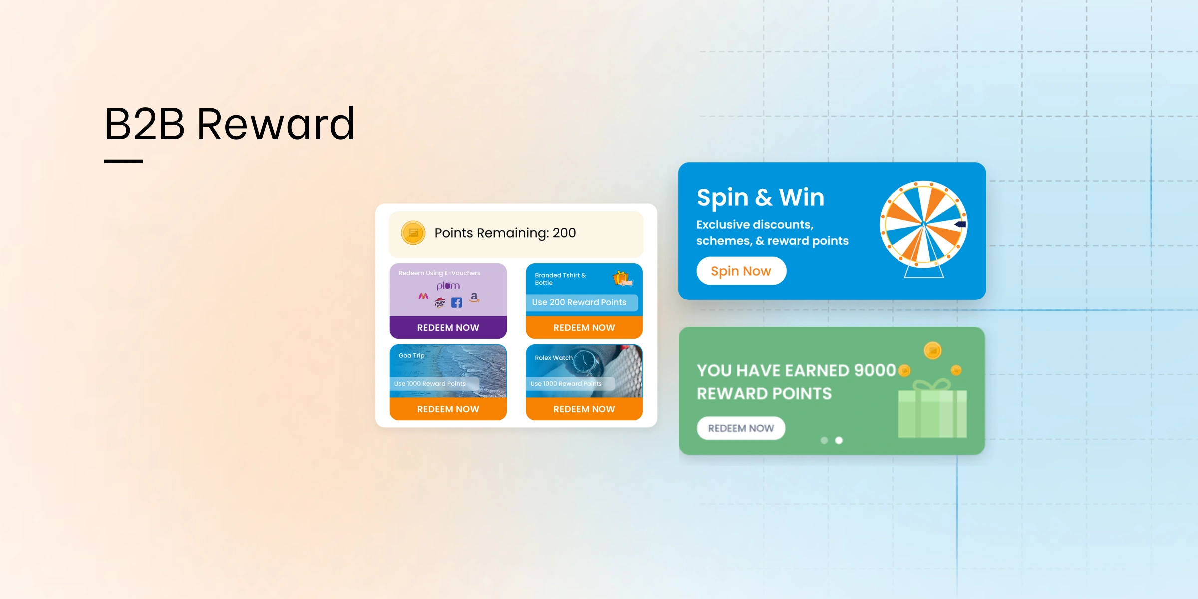 B2B reward points dashboard showing digital incentives, points redemption options, and spin-and-win scheme for channel partners and distributors in the Philippines.