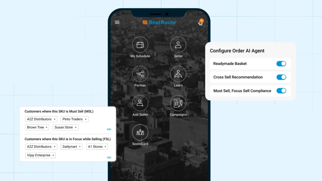 BeatRoute mobile sales app overview highlighting features for African markets including GPS route planning, offline mode, AI insights, and mobile KYC for FMCG and retail teams.