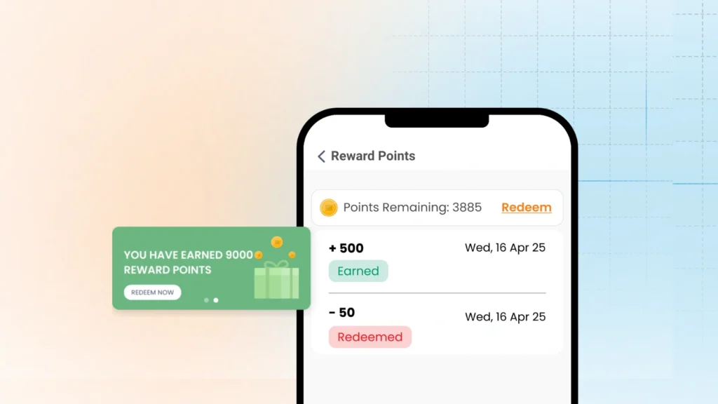 Mobile view of B2B rewards app interface showing live data rewards, real-time reward point balances, earned and redeemed transactions, and an instant notification for automatic payout of 9000 reward points.