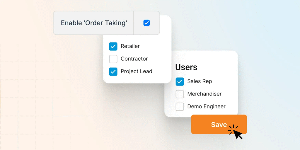 BeatRoute user interface showing configurable settings to enable order taking for specific roles like Retailer, Project Lead, and Sales Rep with a Save option.