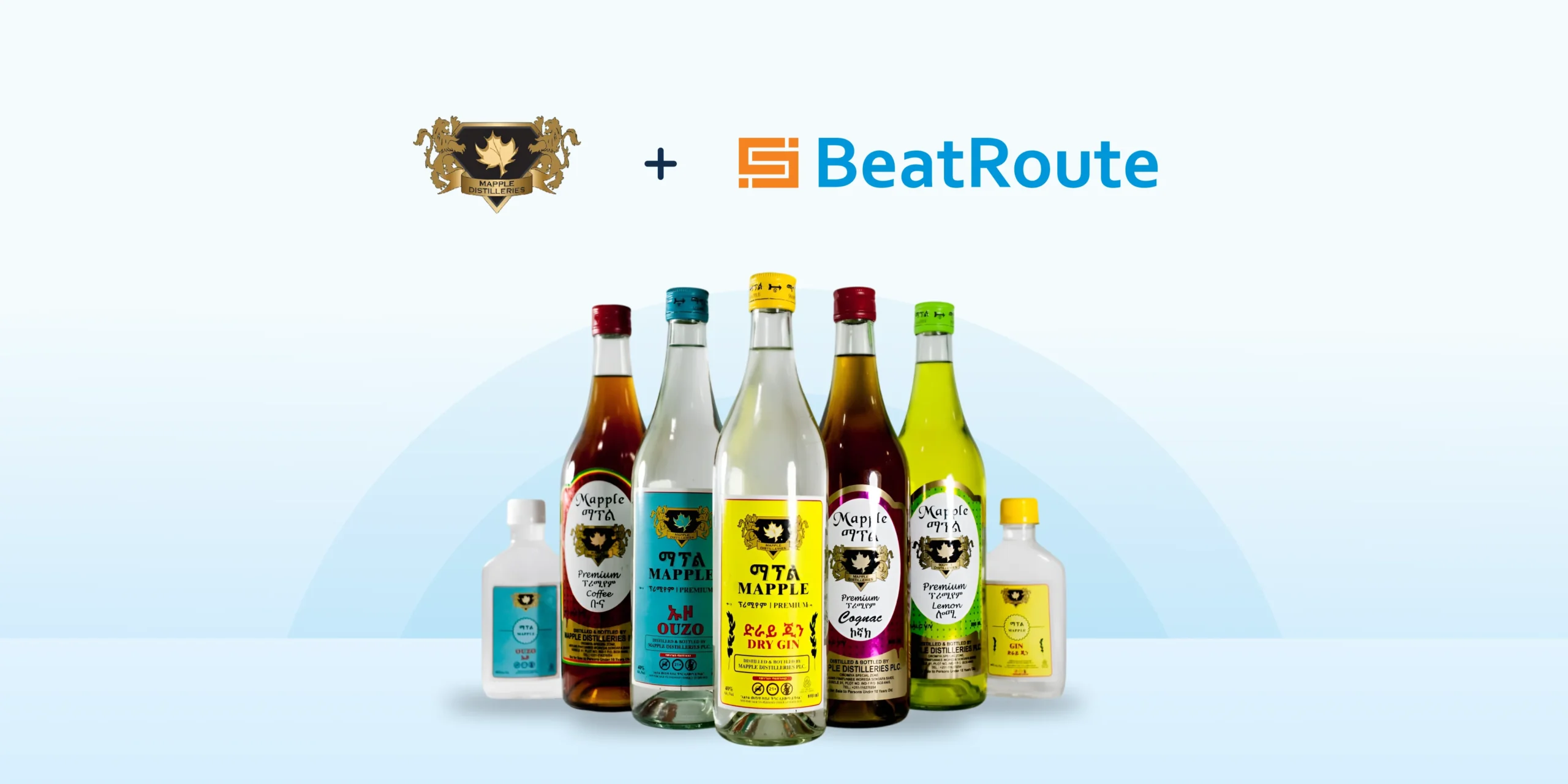 Product lineup of Mapple Distilleries displayed in front of the Mapple Distilleries logo and BeatRoute logo, representing the partnership between the two companies.