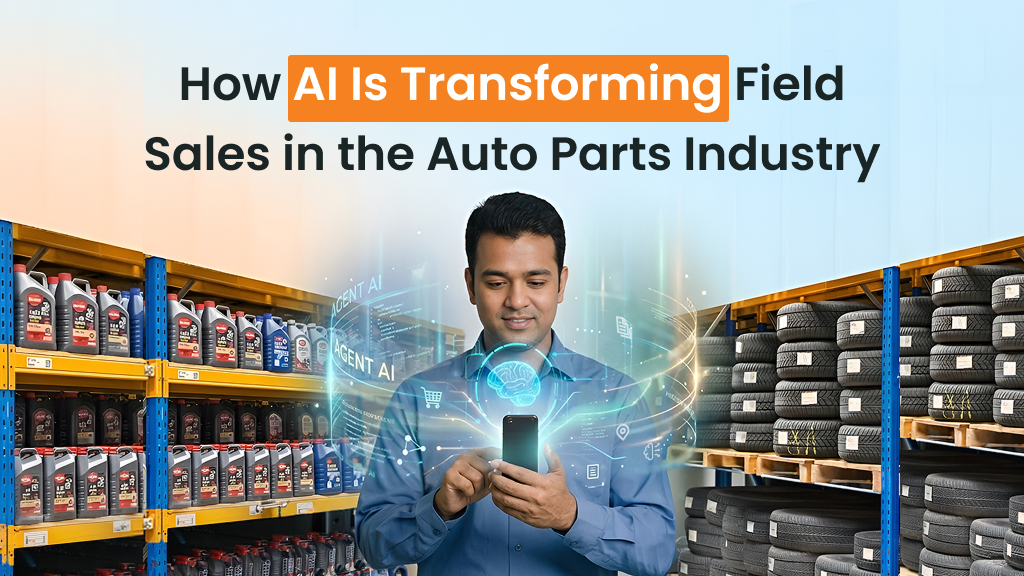 A field sales representative in an auto parts store uses a smartphone while AI graphics and digital interface elements glow around the device. Shelves filled with motor oil bottles line one side, and stacked car tires are displayed on the other, with the headline “How AI Is Transforming Field Sales in the Auto Parts Industry” at the top.