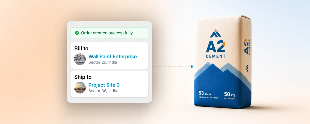 Order management interface showing successful cement order placement between dealer and distributor, with 53-grade A2 cement bag illustrating building materials supply chain and inventory flow in 2026