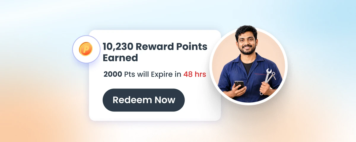 Mechanic loyalty app interface showing 10,230 reward points earned, with 2,000 points expiring in 48 hours and a "Redeem Now" button. A mechanic holding tools and a smartphone is displayed alongside the loyalty rewards dashboard