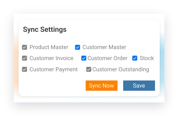 BeatRoute ERP and DMS sync settings for product master, customer orders, stock, invoices, and payments.