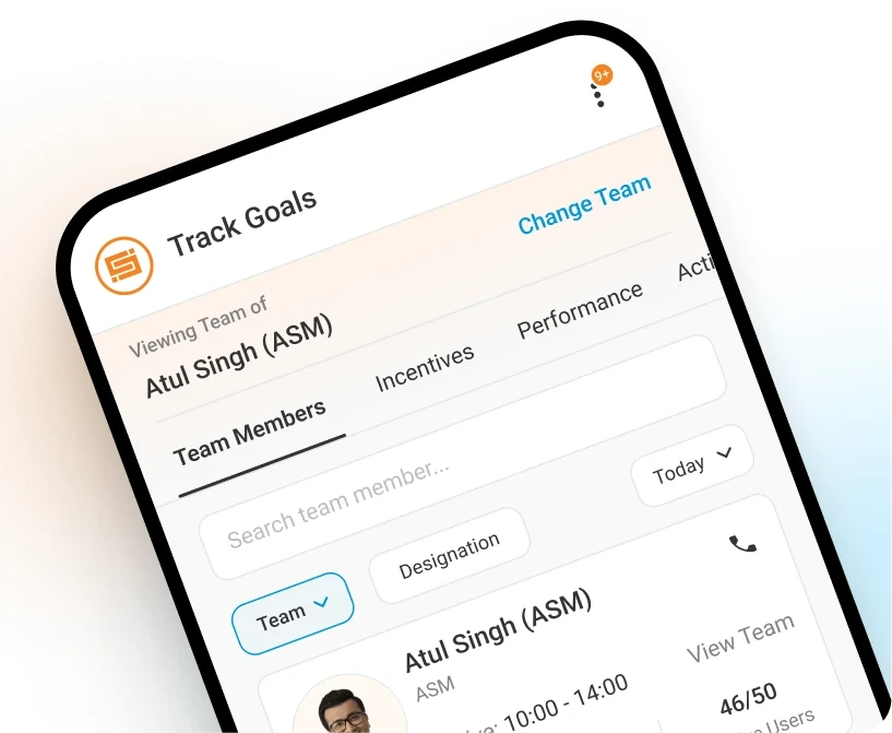 The BeatRoute SFA app Track Goals screen on a phone, showing a manager's team, goals, incentives, and performance.