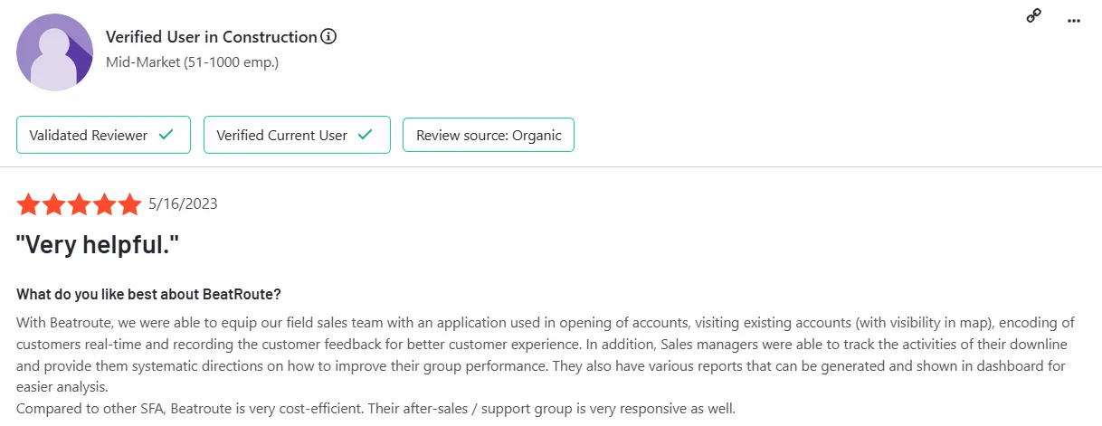 Verified five-star BeatRoute review from a construction mid-market user on reporting, dashboards and support